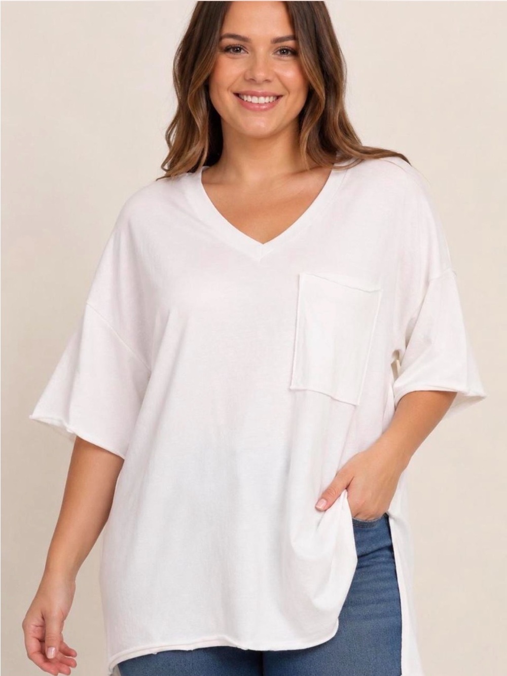 Zenana Front Pocket Raw Edge Boyfriend Tee | White | NWT